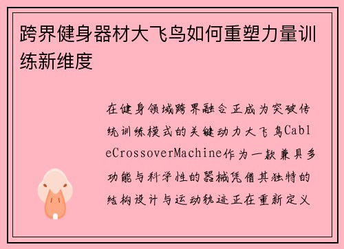 跨界健身器材大飞鸟如何重塑力量训练新维度