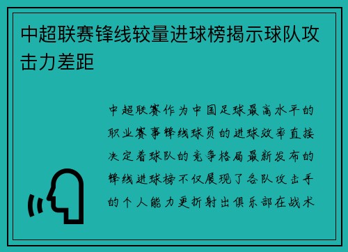 中超联赛锋线较量进球榜揭示球队攻击力差距
